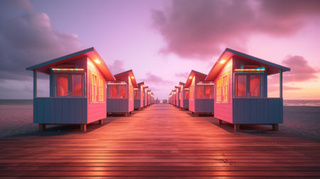 Generative AI, Miami Summer Vibes retro illustration. Vintage pink and blue colors, buildings, California palms, 80s styleの素材