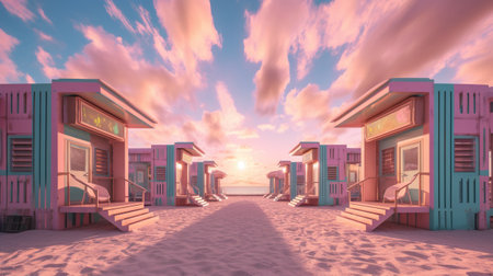 Generative AI, Miami Summer Vibes retro illustration. Vintage pink and blue colors, buildings, California palms, 80s styleの素材
