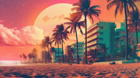Generative AI, Miami Summer Vibes retro illustration. Vintage pink and blue colors, buildings, California palms, 80s styleの素材