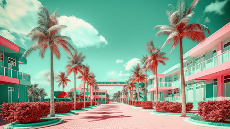 Generative AI, Miami Summer Vibes retro illustration. Vintage pink and blue colors, buildings, California palms, 80s styleの素材