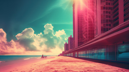 Generative AI, Miami Summer Vibes retro illustration. Vintage pink and blue colors, buildings, California palms, 80s styleの素材