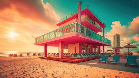 Generative AI, Miami Summer Vibes retro illustration. Vintage pink and blue colors, buildings, California palms, 80s styleの素材