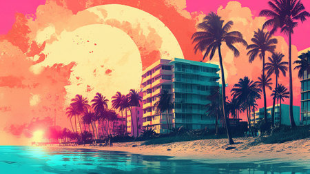 Generative AI, Miami Summer Vibes retro illustration. Vintage pink and blue colors, buildings, California palms, 80s styleの素材