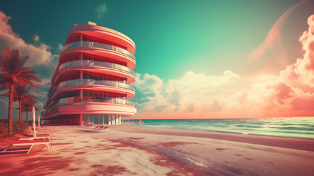 Generative AI, Miami Summer Vibes retro illustration. Vintage pink and blue colors, buildings, California palms, 80s styleの素材