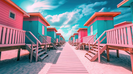 Generative AI, Miami Summer Vibes retro illustration. Vintage pink and blue colors, buildings, California palms, 80s styleの素材