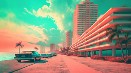 Generative AI, Miami Summer Vibes retro illustration. Vintage pink and blue colors, buildings, California palms, 80s styleの素材