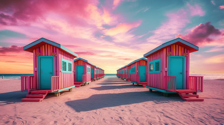 Generative AI, Miami Summer Vibes retro illustration. Vintage pink and blue colors, buildings, California palms, 80s styleの素材