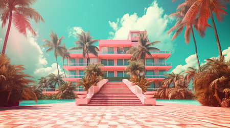 Generative AI, Miami Summer Vibes retro illustration. Vintage pink and blue colors, buildings, California palms, 80s styleの素材
