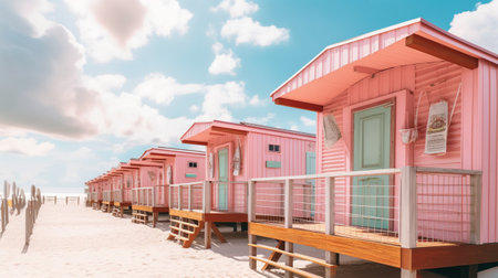 Generative AI, Miami Summer Vibes retro illustration. Vintage pink and blue colors, buildings, California palms, 80s styleの素材