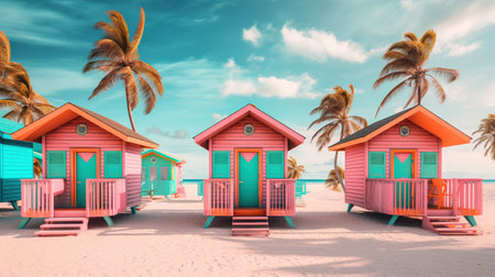 Generative AI, Miami Summer Vibes retro illustration. Vintage pink and blue colors, buildings, California palms, 80s styleの素材