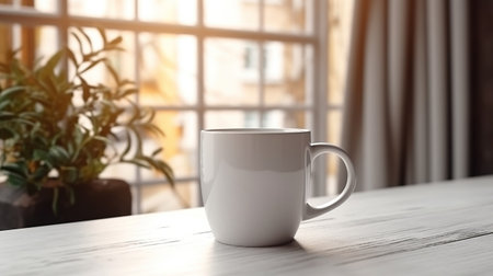 Generative AI, White ceramic cup set-up in at home interior, mug mock up blank.の素材