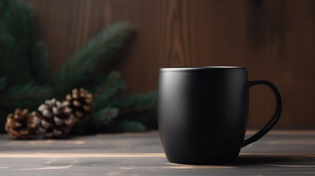 Generative AI, Black ceramic cup set-up in at home interior, mug mock up blank.の素材