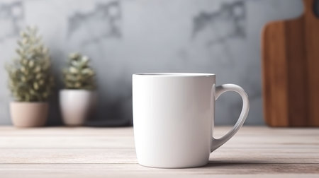 Generative AI, White ceramic cup set-up in at home interior, mug mock up blank.の素材
