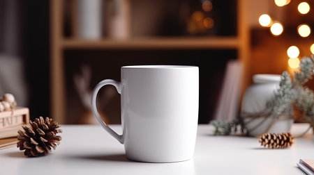 Generative AI, White ceramic cup set-up in at home interior, mug mock up blank.の素材