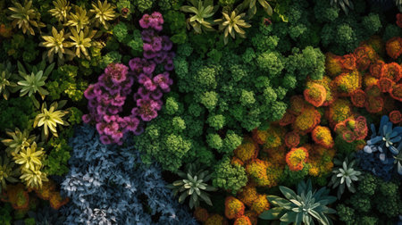 Generative AI, green forest decorative stable moss with lush different colors trees, succulents as backgroundの素材