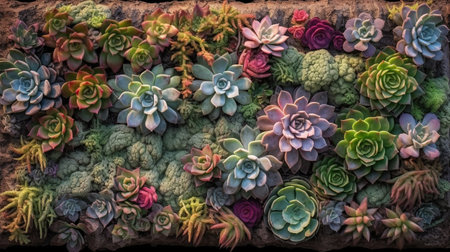 Generative AI, green forest decorative stable moss with lush different colors trees, succulents as backgroundの素材