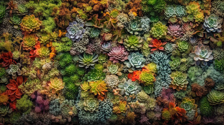 Generative AI, green forest decorative stable moss with lush different colors trees, succulents as backgroundの素材