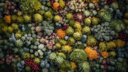 Generative AI, green forest decorative stable moss with lush different colors trees, succulents as backgroundの素材