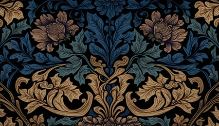 Generative AI, Floral colorful pattern. William Morris inspired natural plants and flowers background, vintage illustration. Foliage ornament.の素材