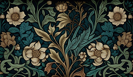 Generative AI, Floral colorful pattern. William Morris inspired natural plants and flowers background, vintage illustration. Foliage ornament.の素材