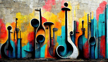 Generative AI, Street art with keys and musical instruments silhouettes. Ink colorful graffiti art on a textured paper vintage backgroundの素材