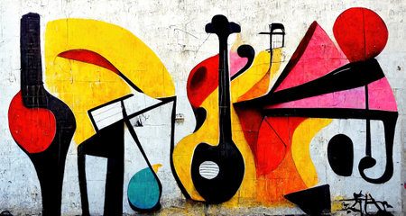 Generative AI, Street art with keys and musical instruments silhouettes. Ink colorful graffiti art on a textured paper vintage background, inspired by Banksyの素材