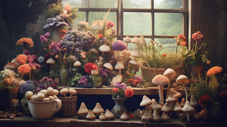 Generative AI, room full of many different mushrooms with windowの素材