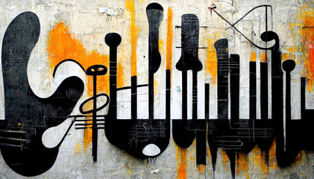 Generative AI, Street art with keys and musical instruments silhouettes. Ink colorful graffiti art on a textured paper vintage background, inspired by Banksyの素材