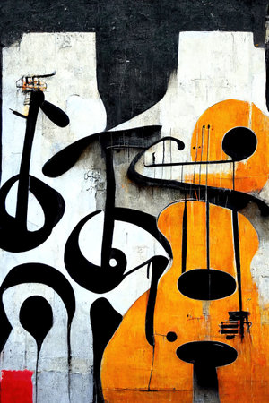 Generative AI, Street art with keys and musical instruments silhouettes. Ink colorful graffiti art on a textured paper vintage background, inspired by Banksyの素材