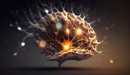 Generative AI, Conceptual illustration of neuron cells with glowing link knots in abstract dark space, high resolution. human nervous systemの素材