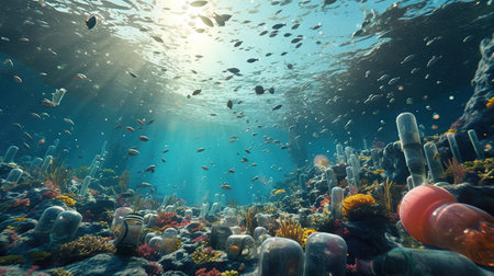 Generative AI, Plastic carrier bags, bottles and other garbage pollution in the ocean. environmental conceptの素材