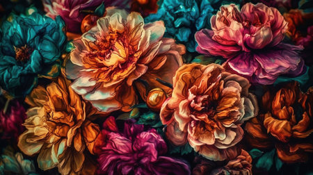 Generative AI, Oil painting of spring flowers on canvas. Beautiful abstract colorful flowers. macro impasto paintingの素材