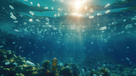 Generative AI, Plastic carrier bags, bottles and other garbage pollution in the ocean. environmental conceptの素材