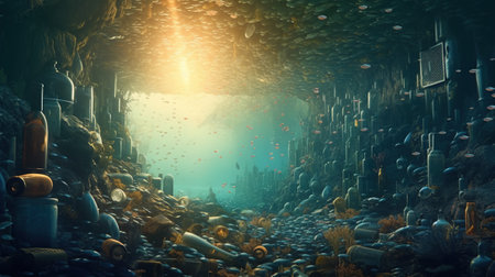 Generative AI, Plastic carrier bags, bottles and other garbage pollution in the ocean. environmental conceptの素材