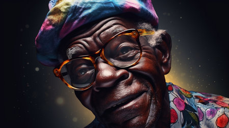 Generative AI, African American funny happy old retirement man closeup portrait, wearing glasses and modern fashionable clothesの素材