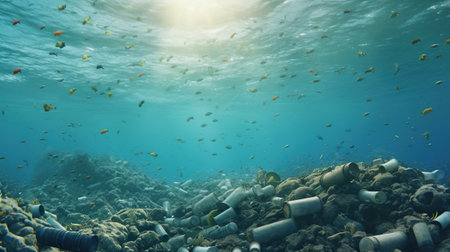 Generative AI, Plastic carrier bags, bottles and other garbage pollution in the ocean. environmental conceptの素材