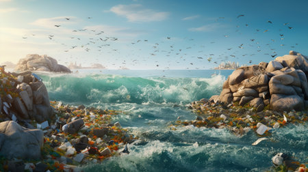 Generative AI, Plastic carrier bags, bottles and other garbage pollution in the ocean. environmental conceptの素材