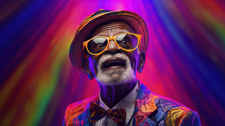 Generative AI, African American funny happy old retirement man closeup portrait, wearing glasses and modern fashionable clothesの素材