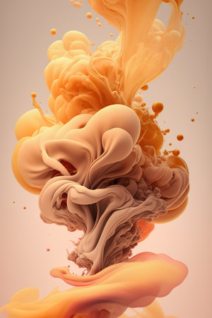 Generative AI, Flowing light apricot crush smoke with splashes. Soft fluid banner, spring female mood, 3D effect, modern macro realistic abstract vertical background, ink in water effect..の素材