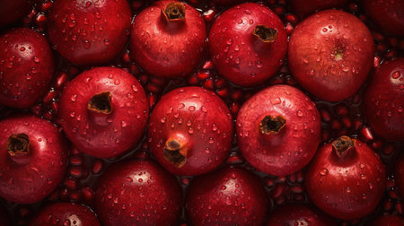 Generative AI, Macro Fresh Juicy half and whole of pomegranate fruit background as pattern. Close up photo with drops of waterの素材