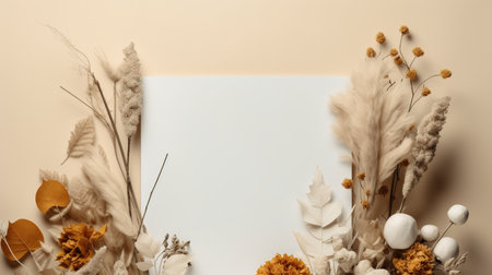 Generative AI, Bohemian white blank sheet paper surrounded by natural dried leaves and plants, poster mock upの素材