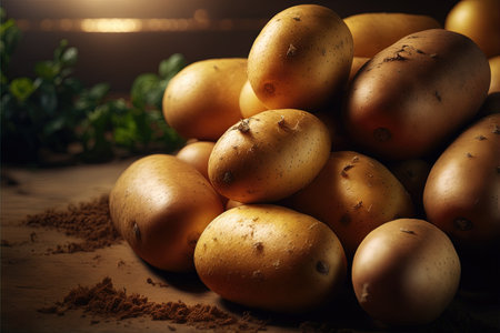 Generative AI, Close up Fresh Organic Whole Potato background. Farmers Market vegetablesの素材