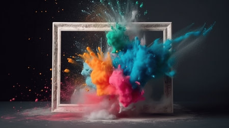 Generative AI, Frame with colorful holi powder paint explosion, creative splash, multicolor cloudの素材