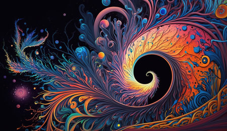 Generative AI, Psychedelic Space banner template, nostalgic 80s, 90s background. Horizontal illustration of the future landscape with mountains, planets, trees, moon. Surrealist escapism conceptの素材