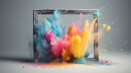 Generative AI, Frame with colorful holi powder paint explosion, creative splash, multicolor cloudの素材