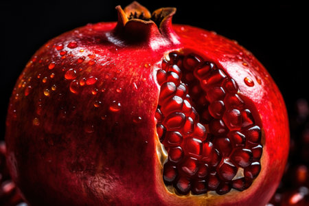 Generative AI, Macro Fresh Juicy half of pomegranate fruit background. Close-up photoの素材