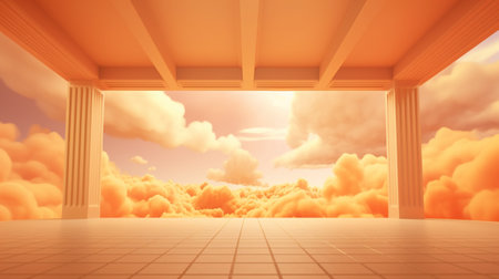 Generative AI, Light orange, apricot color fantastic 3d clouds on the floor, sky and landscape. Gentle colors and bright lights.の素材