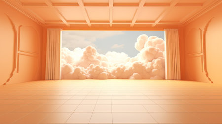 Generative AI, Light orange, apricot color fantastic 3d clouds on the floor, sky and landscape. Gentle colors and bright lights.の素材