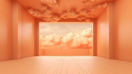 Generative AI, Light orange, apricot color fantastic 3d clouds on the floor, sky and landscape. Gentle colors and bright lights.の素材