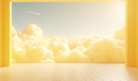 Generative AI, Light yellow fantastic 3d clouds on the floor, sky and landscape. Gentle colors and bright lights.の素材